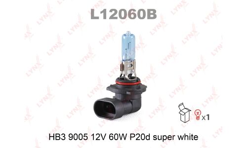 Лампа галогенная LYNXAuto Super White HB3(9005) (P20d, T12), 12В, 60Вт, 4200К, 1 шт, арт. L12060B