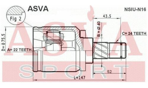 ШРУС Asva, передний, правый, внутренний, для двигателей QG15DE, для Nissan Almera, арт. NSIU-N16