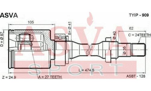 ШРУС Asva, внутренний, для Toyota Camry / Windom / Harrier, Lexus ES300, арт. TYIP-909