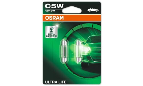 Лампа Osram Ultra Life Festoon C5W (SV8.5, T10x35), 12В, 5Вт, комплект 2 шт, арт. 6418ULT-02B