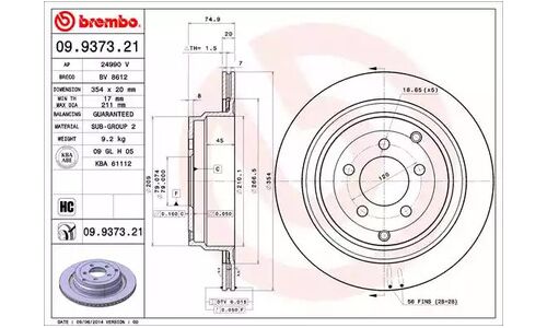Диск тормозной Brembo, задний, правый/левый, 1 шт, арт. 09.9373.21
