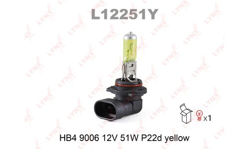 Лампа галогенная LYNXAuto Yellow HB4(9006) (P22d, T12), 12В, 51Вт, 2800К, 1 шт, арт. L12251Y