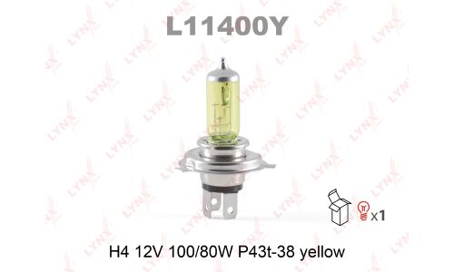 Лампа галогенная LYNXAuto Yellow H4 (P43t, T16), 12В, 100/80Вт, 2800К, 1 шт, арт. L11400Y
