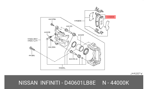 Колодки тормозные дисковые Nissan задние, комплект на ось (4 шт), арт. D4060-1LB8E