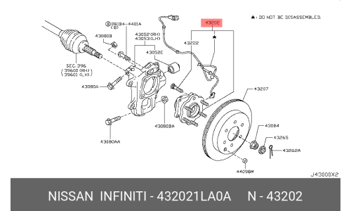 Ступица колеса задняя Nissan, арт. 43202-1LA0A