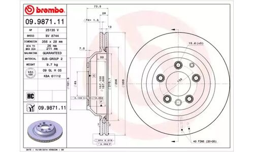 Диск тормозной Brembo, задний, правый/левый, 1 шт, арт. 09.9871.11