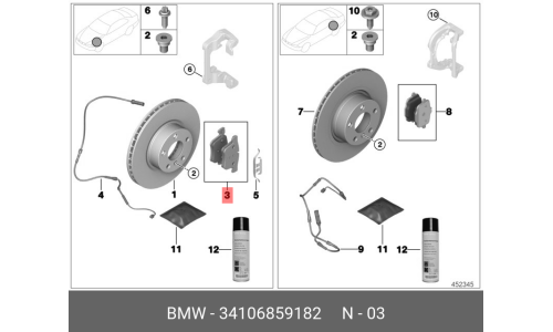Колодки тормозные дисковые BMW, передние, комплект на ось (4 шт), арт. 34 10 6 859 182