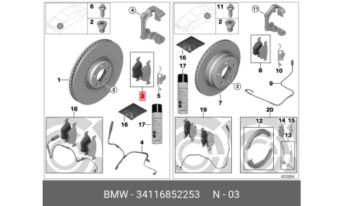 Колодки тормозные дисковые BMW, передние, комплект на ось (4 шт), арт. 34 11 6 852 253