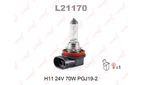 Лампа галогенная LYNXauto H11 (PGJ19-2, T11), 24В, 70Вт, 3200К, 1 шт, арт. L21170