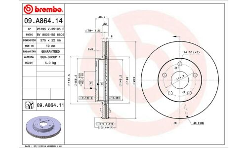 Диск тормозной Brembo вентилируемый, арт. 09A86414