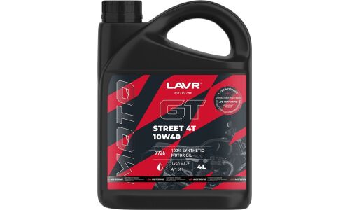 Масло для мотоциклов Lavr Motoline GT Street 4T 10w40, синтетическое, API SM/SL/SJ/SH/SG, JASO MA2, 4-тактное, 4л, арт. Ln7726