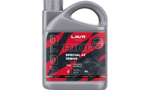 Масло для мотоциклов Lavr Motoline Ride Special 4Т 10w40, синтетическое, API SN, JASO MA2, 4-тактное, 4л, арт. Ln7748