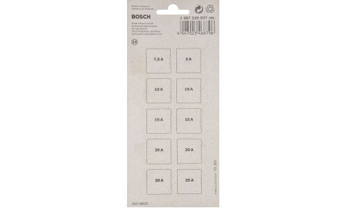 Предохранитель автомобильный Bosch, флажковый, стандартный (ATO S1035-3), 5/7.5/10/15/20/25/30А, комплект 10 шт, арт. 1987529037