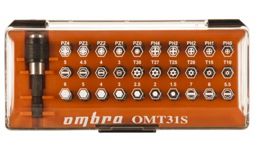 Набор бит Ombra, посадочный размер HEX1/4", наконечники SL/PH/PZ/HEX/TR, комплект 31 предмет, арт. 55010