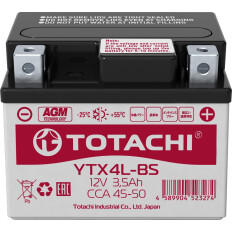 Аккумулятор для мото Totachi YTX4L-BS, AGM, 3.5Ач, CCA 45–50А, необслуживаемый, арт. 90035