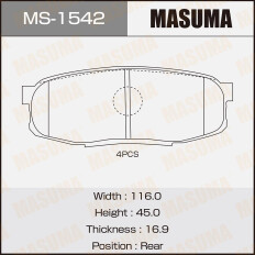 Колодки тормозные дисковые Masuma задние, комплект на ось (4 шт), арт. MS-1542