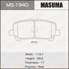 Колодки тормозные дисковые Masuma, задние, комплект на ось (4 шт), арт. MS-1940