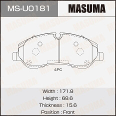 Колодки тормозные дисковые Masuma, передние, комплект на ось (4 шт), арт. MS-U0181